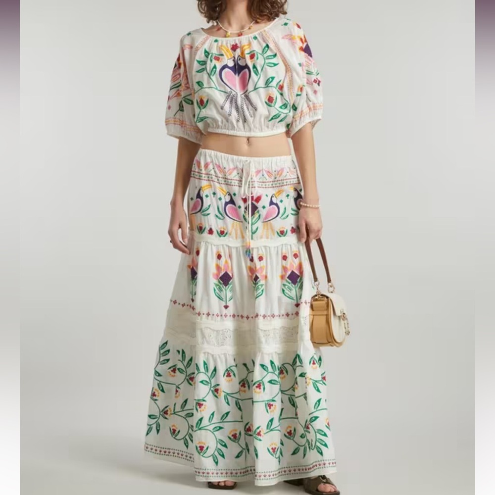 Farm rio summer garden embroidered maxi skirt and top set